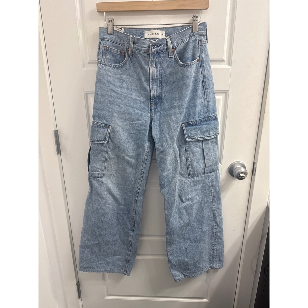 Denim Forum The Farrah Hi-Rise Wide Leg Cargo Jeans Light Wash Blue 27